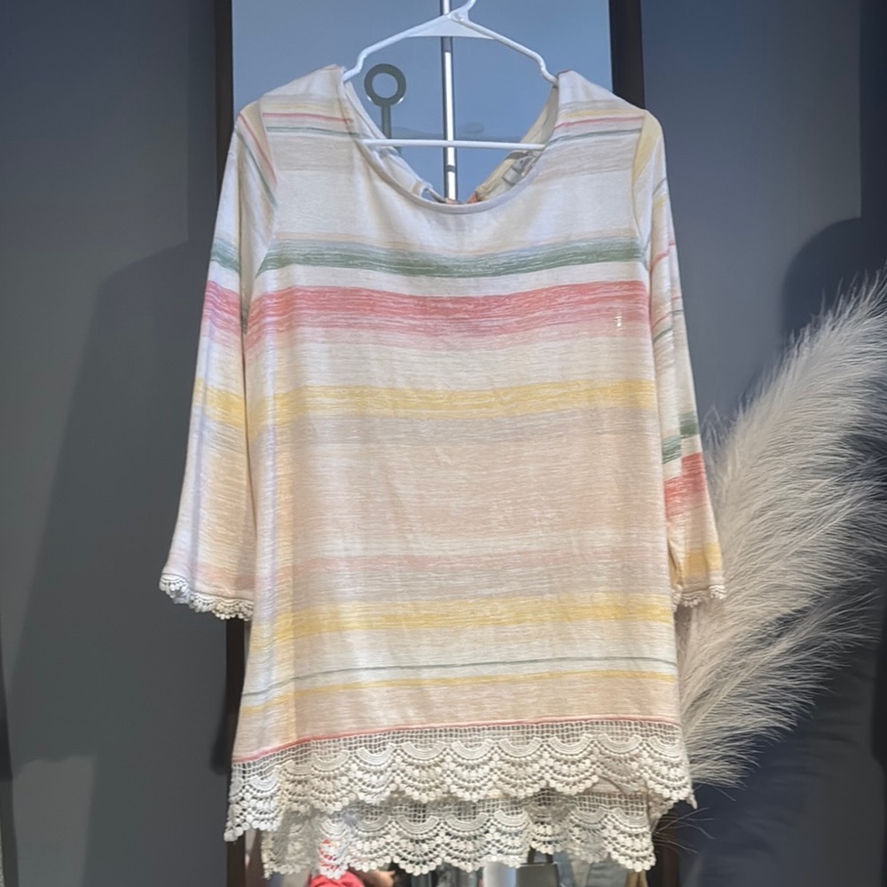 LC Lauren Conrad‎ Pink and Yellow Asymmetrical Ruffled Blouse